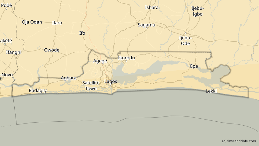 A map of Lagos, Nigeria, showing the path of the 21. Jun 2001 Totale Sonnenfinsternis