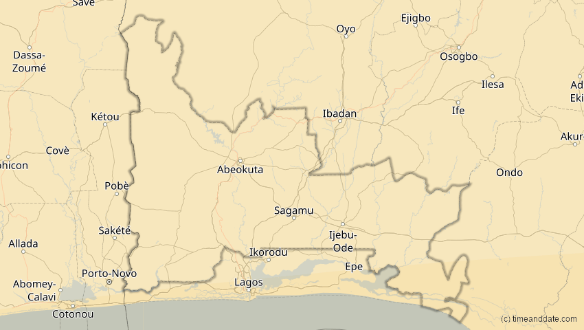 A map of Ogun, Nigeria, showing the path of the 21. Jun 2001 Totale Sonnenfinsternis
