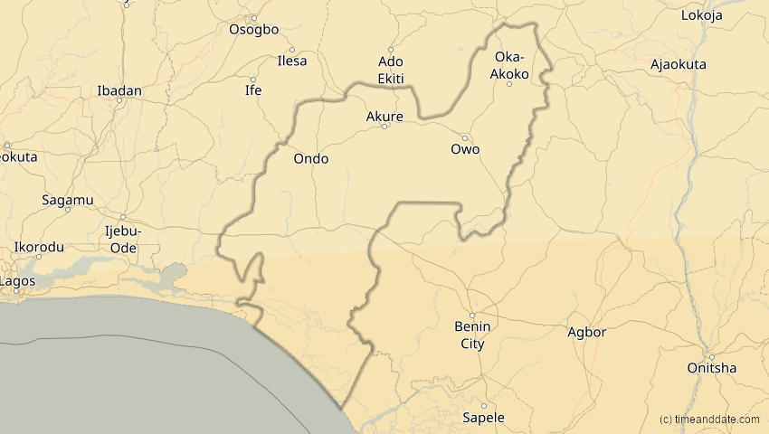 A map of Ondo, Nigeria, showing the path of the 21. Jun 2001 Totale Sonnenfinsternis