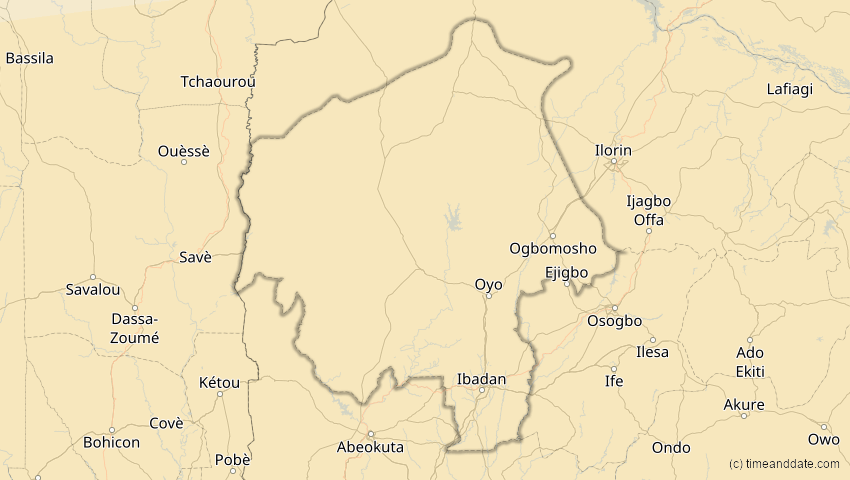 A map of Oyo, Nigeria, showing the path of the 21. Jun 2001 Totale Sonnenfinsternis