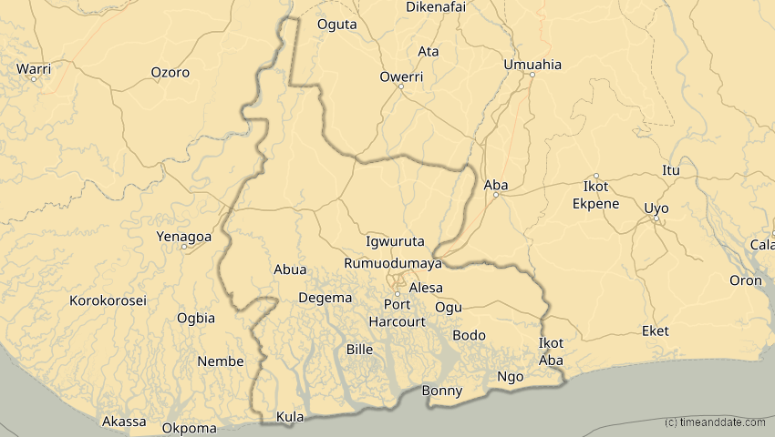 A map of Rivers, Nigeria, showing the path of the 21. Jun 2001 Totale Sonnenfinsternis