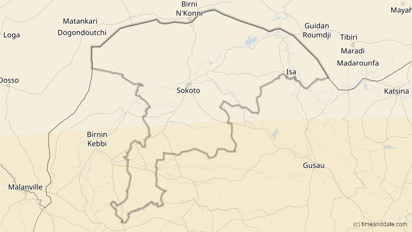 A map of Sokoto, Nigeria, showing the path of the 21. Jun 2001 Totale Sonnenfinsternis
