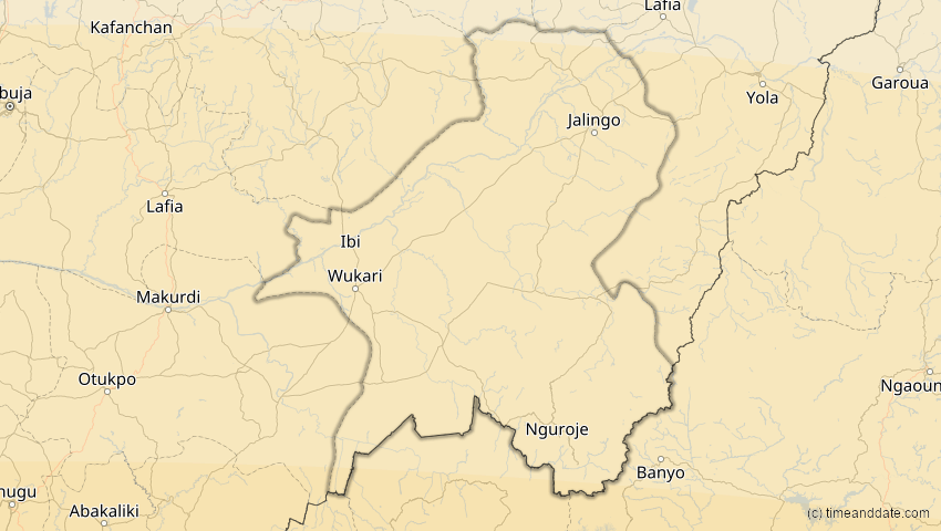 A map of Taraba, Nigeria, showing the path of the 21. Jun 2001 Totale Sonnenfinsternis