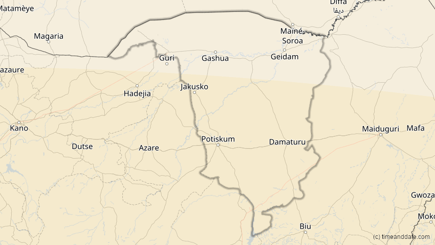 A map of Yobe, Nigeria, showing the path of the 21. Jun 2001 Totale Sonnenfinsternis