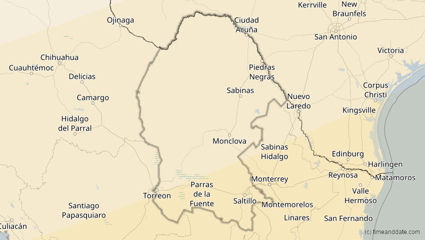 A map of Coahuila, Mexiko, showing the path of the 14. Dez 2001 Ringförmige Sonnenfinsternis