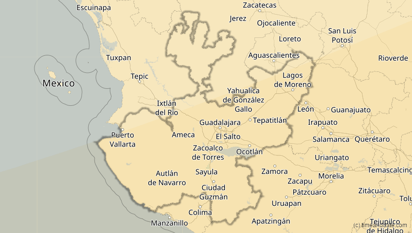 A map of Jalisco, Mexiko, showing the path of the 14. Dez 2001 Ringförmige Sonnenfinsternis