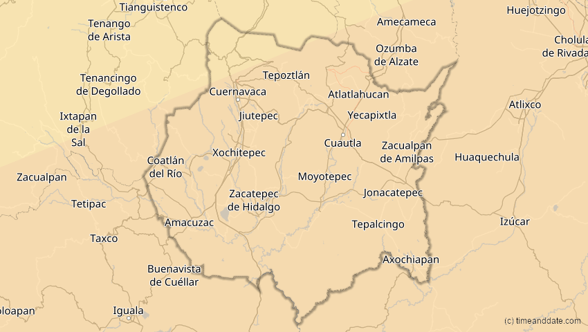 A map of Morelos, Mexiko, showing the path of the 14. Dez 2001 Ringförmige Sonnenfinsternis