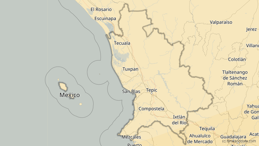 A map of Nayarit, Mexiko, showing the path of the 14. Dez 2001 Ringförmige Sonnenfinsternis