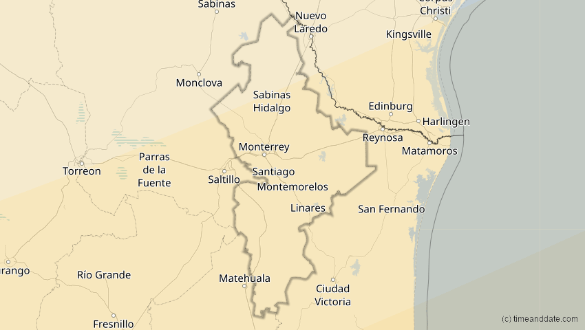 A map of Nuevo León, Mexiko, showing the path of the 14. Dez 2001 Ringförmige Sonnenfinsternis