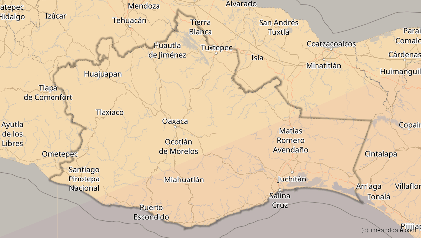 A map of Oaxaca, Mexiko, showing the path of the 14. Dez 2001 Ringförmige Sonnenfinsternis