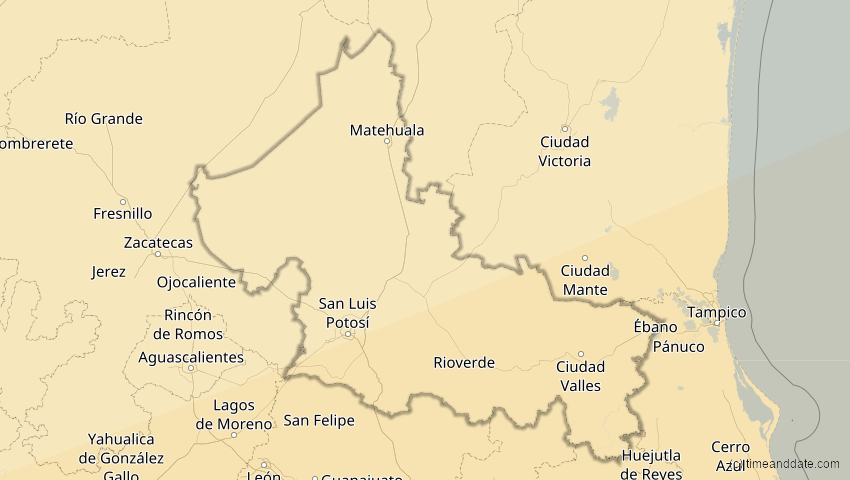 A map of San Luis Potosí, Mexiko, showing the path of the 14. Dez 2001 Ringförmige Sonnenfinsternis