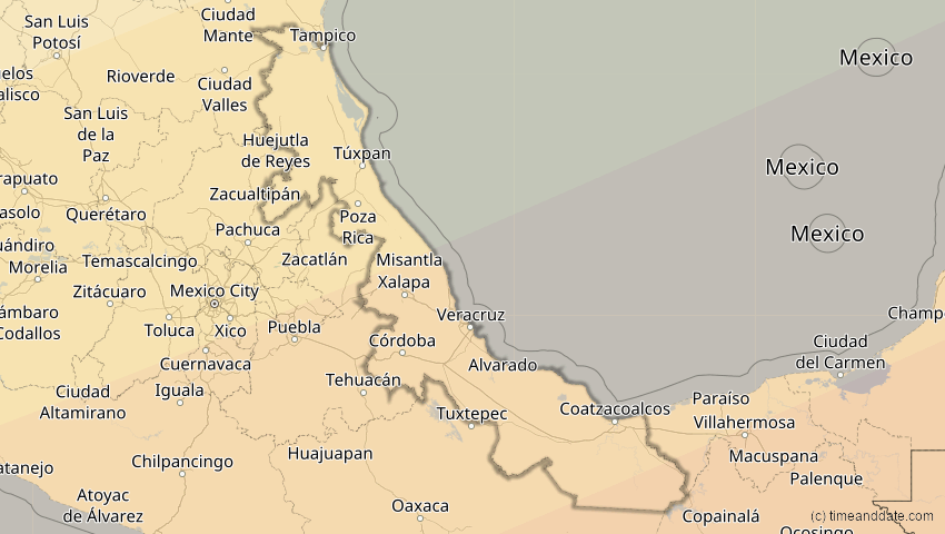 A map of Veracruz, Mexiko, showing the path of the 14. Dez 2001 Ringförmige Sonnenfinsternis