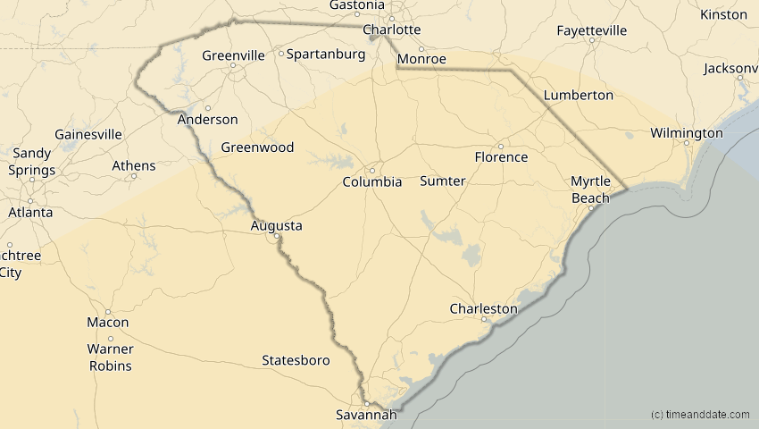 A map of South Carolina, USA, showing the path of the 14. Dez 2001 Ringförmige Sonnenfinsternis