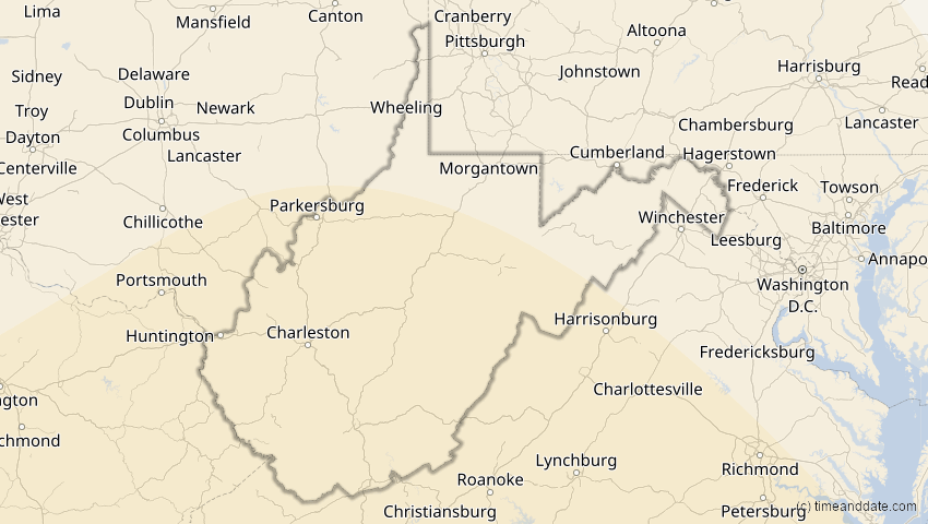 A map of West Virginia, USA, showing the path of the 14. Dez 2001 Ringförmige Sonnenfinsternis