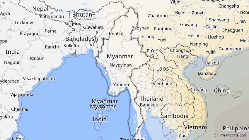 A map of Myanmar, showing the path of the 11. Jun 2002 Ringförmige Sonnenfinsternis