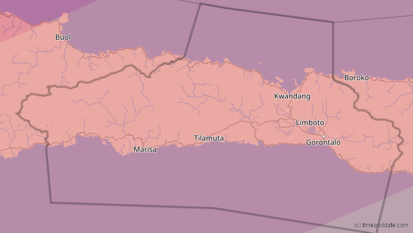 A map of Gorontalo, Indonesien, showing the path of the 11. Jun 2002 Ringförmige Sonnenfinsternis
