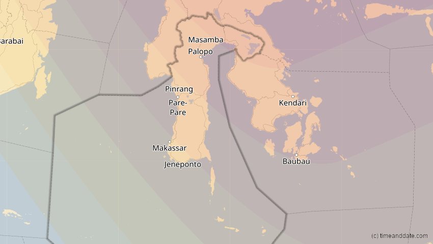 A map of Sulawesi Selatan, Indonesien, showing the path of the 11. Jun 2002 Ringförmige Sonnenfinsternis