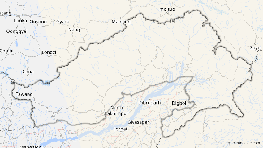 A map of Arunachal Pradesh, Indien, showing the path of the 11. Jun 2002 Ringförmige Sonnenfinsternis