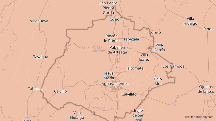 A map of Aguascalientes, Mexiko, showing the path of the 10. Jun 2002 Ringförmige Sonnenfinsternis