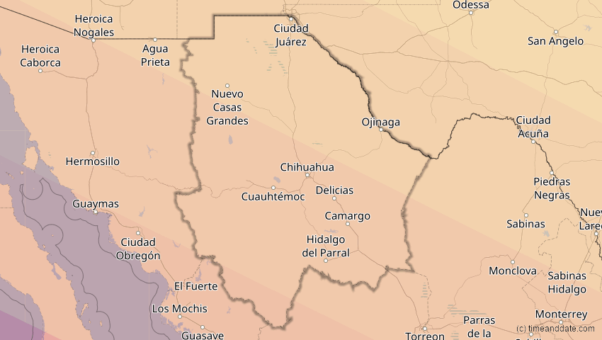 A map of Chihuahua, Mexiko, showing the path of the 10. Jun 2002 Ringförmige Sonnenfinsternis