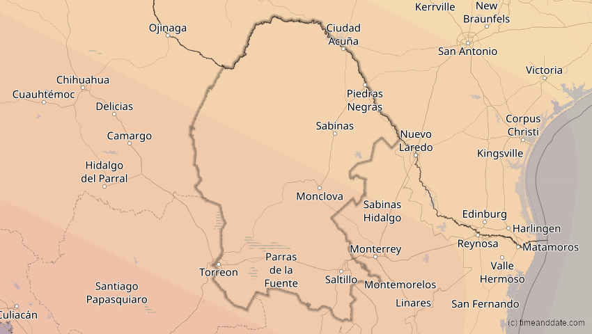A map of Coahuila, Mexiko, showing the path of the 10. Jun 2002 Ringförmige Sonnenfinsternis