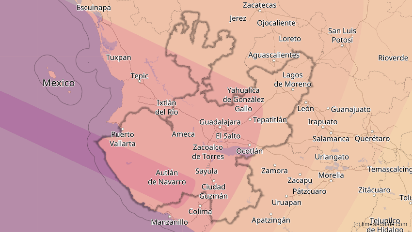 A map of Jalisco, Mexiko, showing the path of the 10. Jun 2002 Ringförmige Sonnenfinsternis