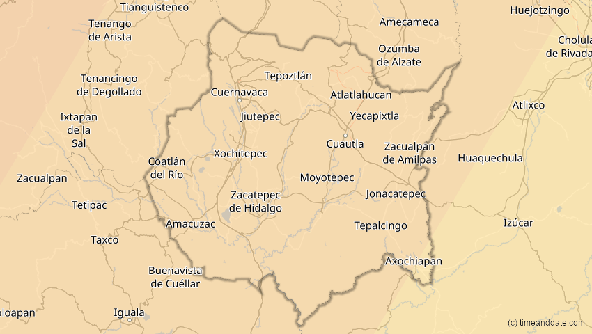 A map of Morelos, Mexiko, showing the path of the 10. Jun 2002 Ringförmige Sonnenfinsternis