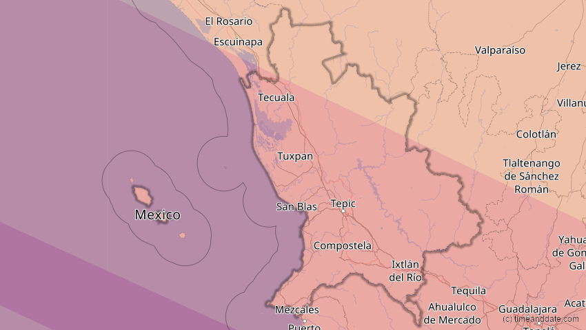 A map of Nayarit, Mexiko, showing the path of the 10. Jun 2002 Ringförmige Sonnenfinsternis