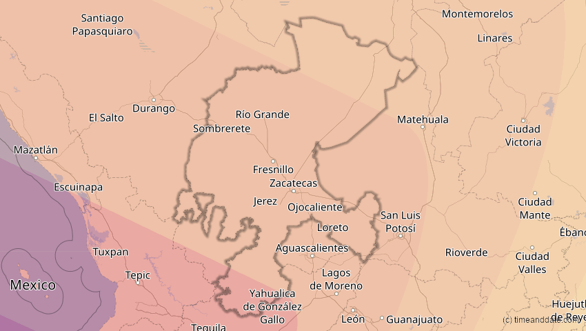 A map of Zacatecas, Mexiko, showing the path of the 10. Jun 2002 Ringförmige Sonnenfinsternis
