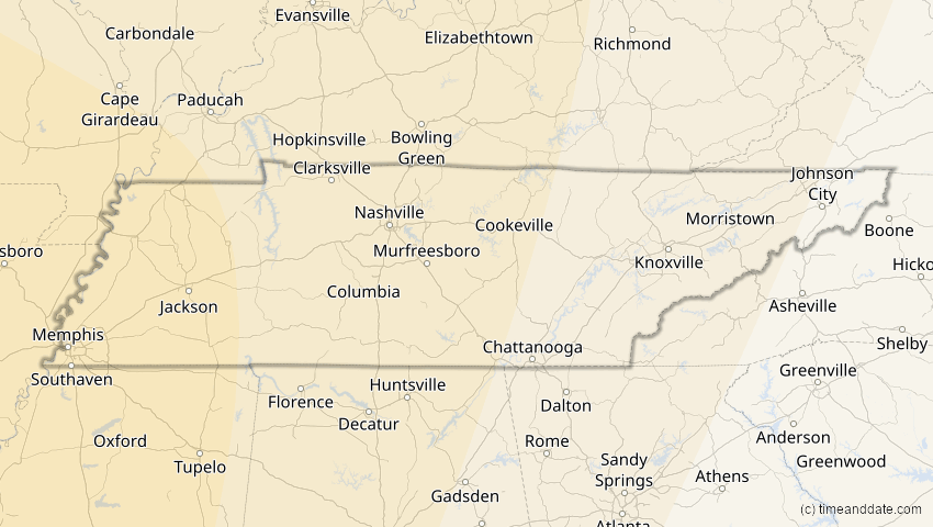 A map of Tennessee, USA, showing the path of the 10. Jun 2002 Ringförmige Sonnenfinsternis