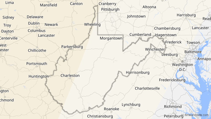 A map of West Virginia, USA, showing the path of the 10. Jun 2002 Ringförmige Sonnenfinsternis