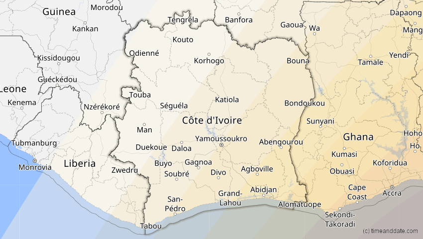 A map of Elfenbeinküste (Côte d'Ivoire), showing the path of the 4. Dez 2002 Totale Sonnenfinsternis