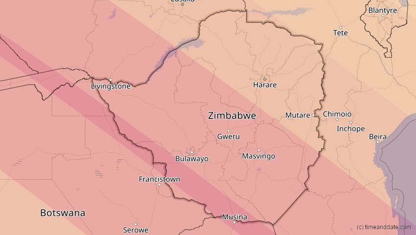 A map of Simbabwe, showing the path of the 4. Dez 2002 Totale Sonnenfinsternis