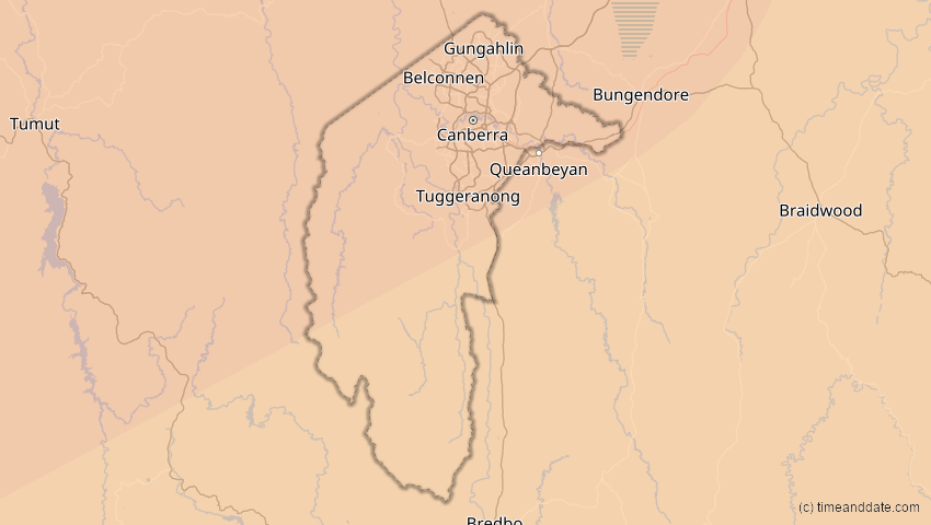 A map of Australian Capital Territory, Australien, showing the path of the 4. Dez 2002 Totale Sonnenfinsternis