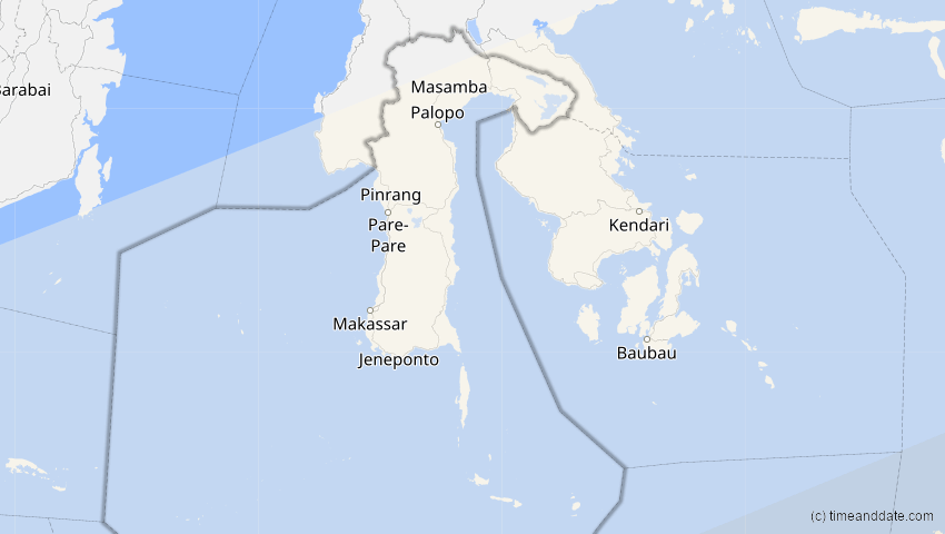 A map of Sulawesi Selatan, Indonesien, showing the path of the 4. Dez 2002 Totale Sonnenfinsternis