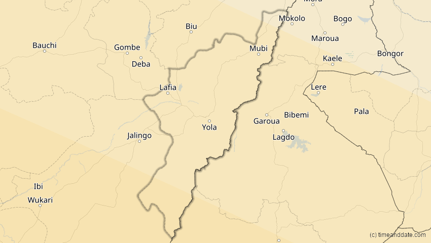 A map of Adamawa, Nigeria, showing the path of the 4. Dez 2002 Totale Sonnenfinsternis