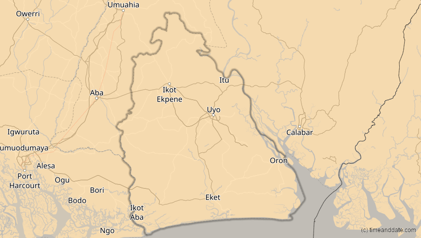 A map of Akwa Ibom, Nigeria, showing the path of the 4. Dez 2002 Totale Sonnenfinsternis