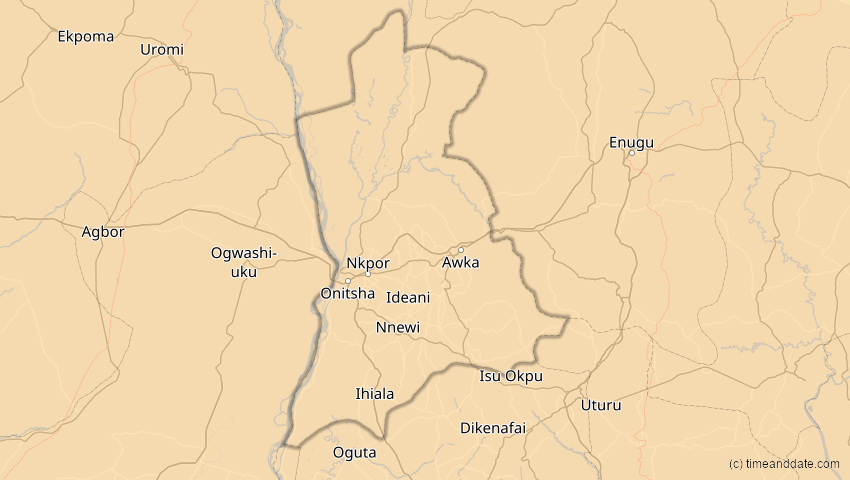 A map of  Anambra, Nigeria, showing the path of the 4. Dez 2002 Totale Sonnenfinsternis