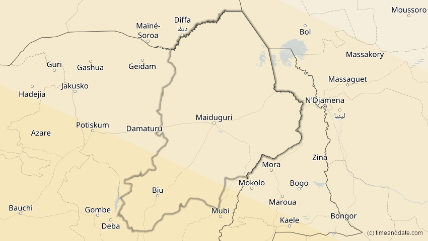 A map of Borno, Nigeria, showing the path of the 4. Dez 2002 Totale Sonnenfinsternis