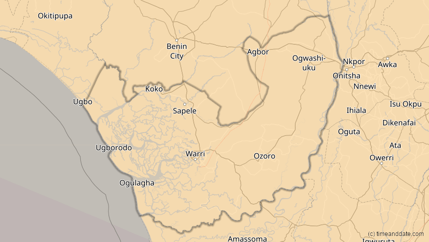 A map of Delta, Nigeria, showing the path of the 4. Dez 2002 Totale Sonnenfinsternis