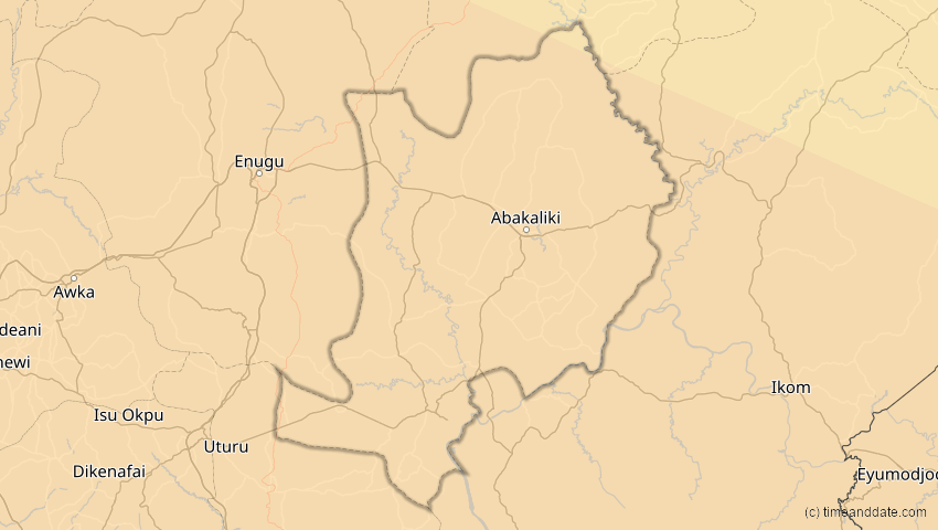 A map of Ebonyi, Nigeria, showing the path of the 4. Dez 2002 Totale Sonnenfinsternis