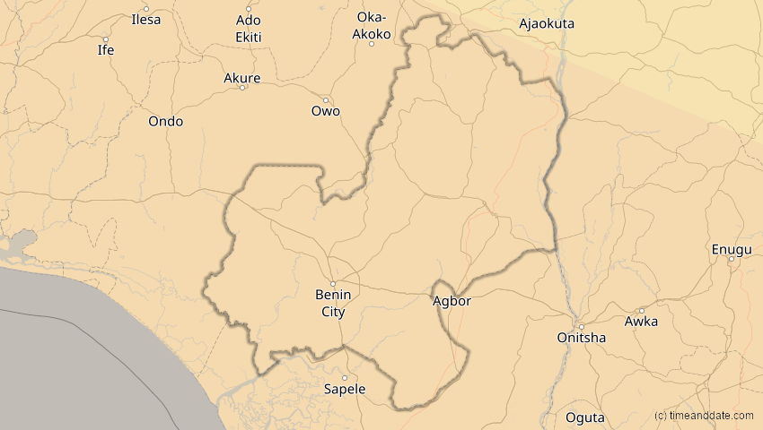 A map of Edo, Nigeria, showing the path of the 4. Dez 2002 Totale Sonnenfinsternis