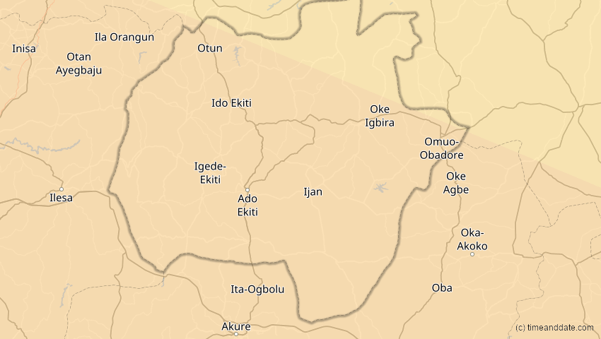 A map of Ekiti, Nigeria, showing the path of the 4. Dez 2002 Totale Sonnenfinsternis