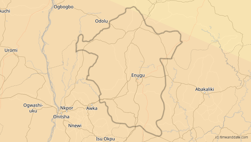 A map of Enugu, Nigeria, showing the path of the 4. Dez 2002 Totale Sonnenfinsternis