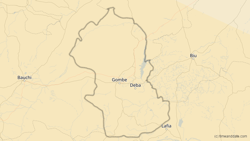 A map of Gombe, Nigeria, showing the path of the 4. Dez 2002 Totale Sonnenfinsternis