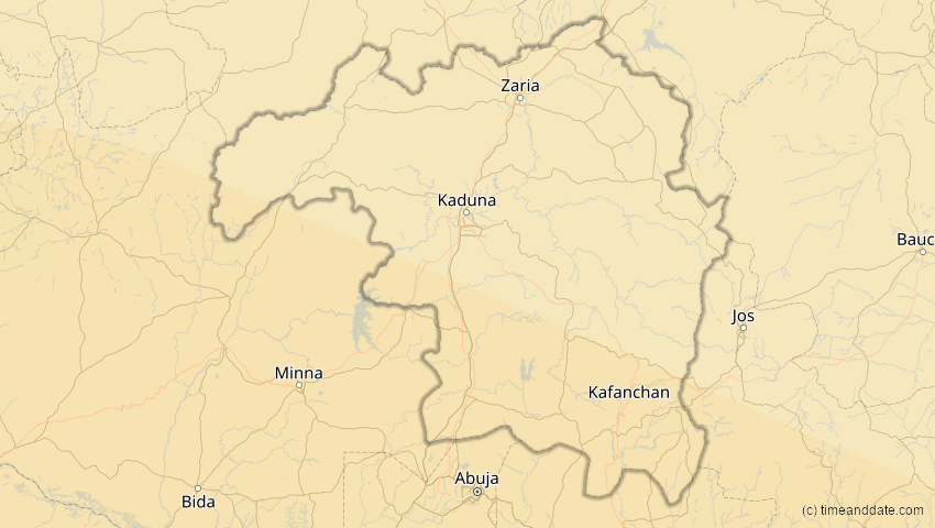 A map of Kaduna, Nigeria, showing the path of the 4. Dez 2002 Totale Sonnenfinsternis