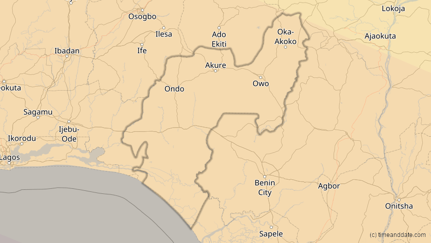 A map of Ondo, Nigeria, showing the path of the 4. Dez 2002 Totale Sonnenfinsternis