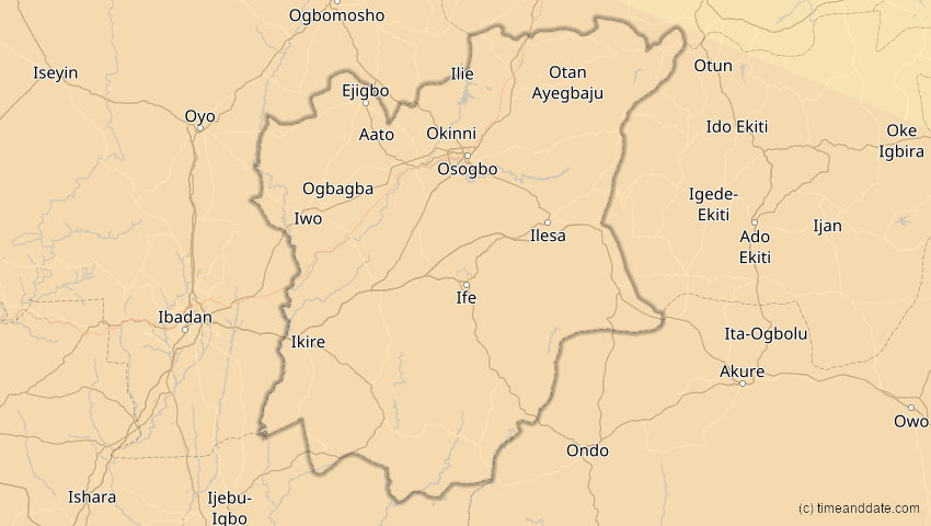 A map of Osun, Nigeria, showing the path of the 4. Dez 2002 Totale Sonnenfinsternis