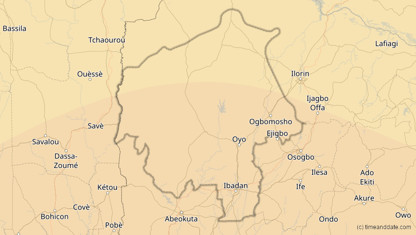 A map of Oyo, Nigeria, showing the path of the 4. Dez 2002 Totale Sonnenfinsternis