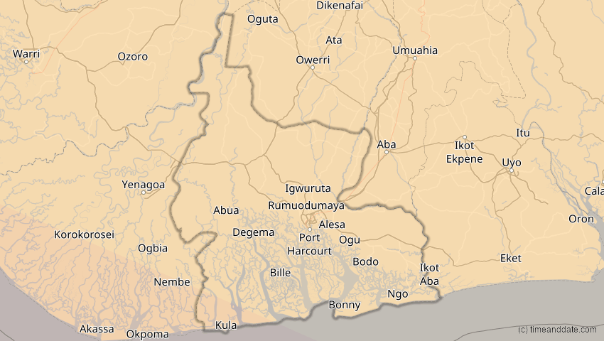 A map of Rivers, Nigeria, showing the path of the 4. Dez 2002 Totale Sonnenfinsternis